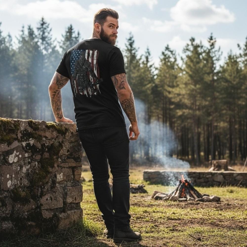 Viking Warrior American Flag distressed graphic men's T-shirt - view 6 - Reborn XII