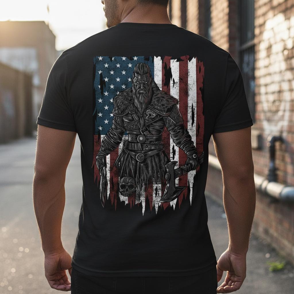 Viking Warrior American Flag distressed graphic men's T-shirt - view 3 - Reborn XII