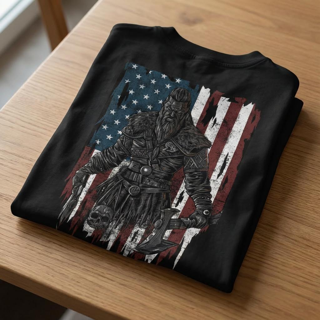 Viking Warrior American Flag distressed graphic men's T-shirt - view 4 - Reborn XII