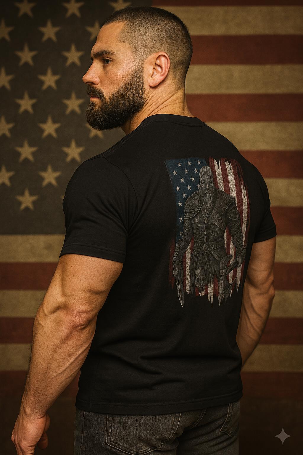 Viking Warrior American Flag distressed graphic men's T-shirt - view 5 - Reborn XII