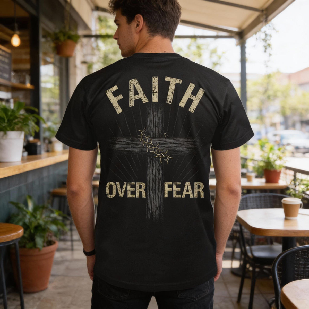 Faith Over Fear distressed graphic men's T-shirt - view 7 - Reborn XII