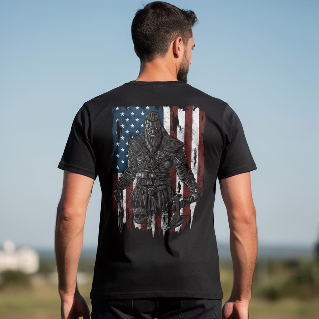 Viking Warrior American Flag distressed graphic men's T-shirt - view 7 - Reborn XII