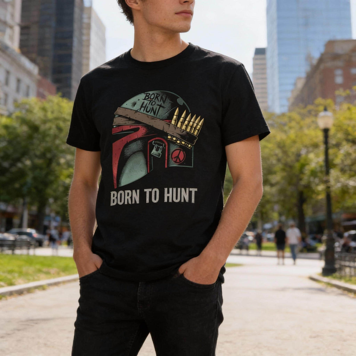 Born To Hunt graphic tee worn in a casual outdoor setting