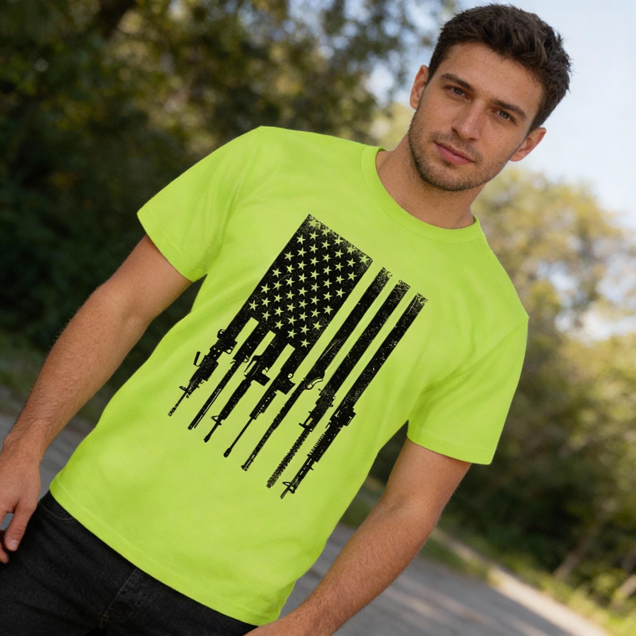 Flag With Gun Stripes distressed graphic hi-vis safety T-shirt - view 2 - Reborn XII