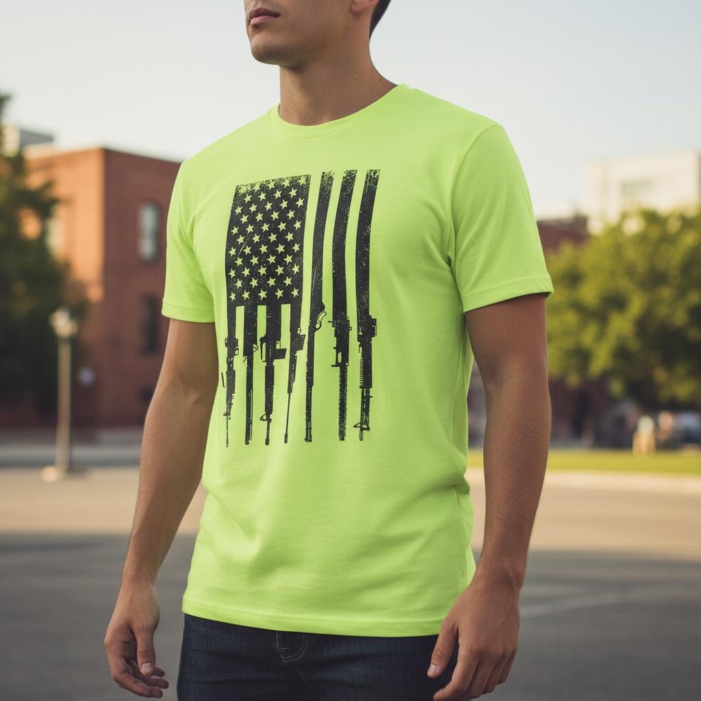 Flag With Gun Stripes distressed graphic hi-vis safety T-shirt - view 3 - Reborn XII