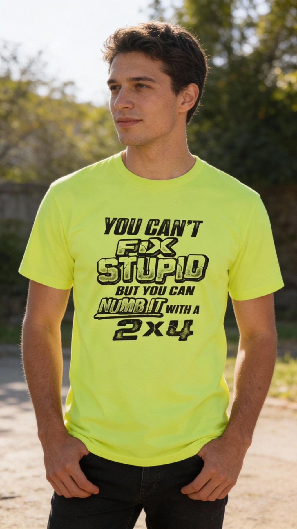 You Can't Fix Stupid distressed graphic hi-vis safety T-shirt - view 3 - Reborn XII